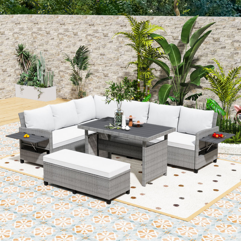 5-Piece PE Wicker Outdoor Conversation Set with Extendable Side Tables and Comfortable Cushions, White/Light Gray