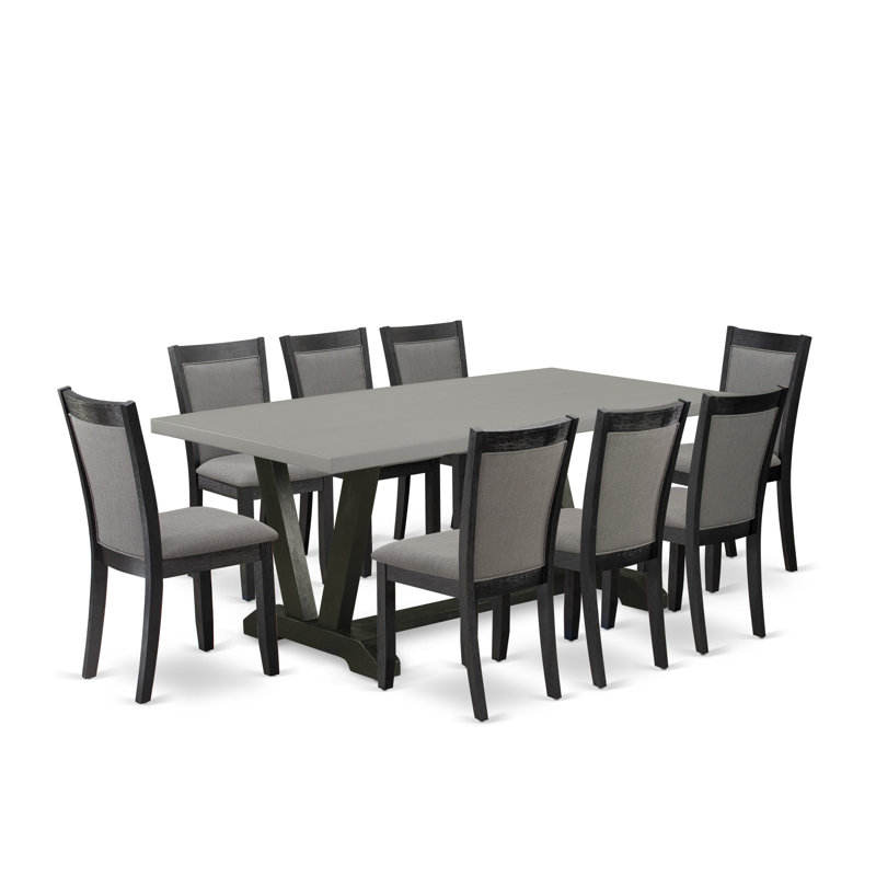 Modern Dining Set - A Dining Table with Trestle Base and Linen Fabric Kitchen Chairs with High Back, 9, Dark Gotham Gray