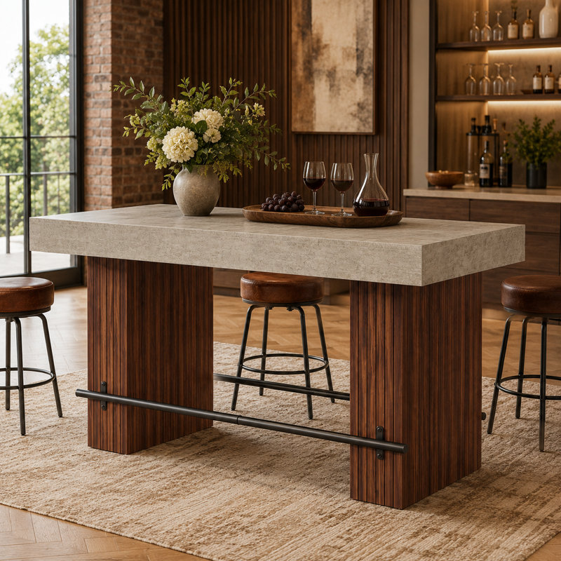 Table de bar industrielle, base à lattes gris foncé, repose-pieds en métal, sièges 4 à 6