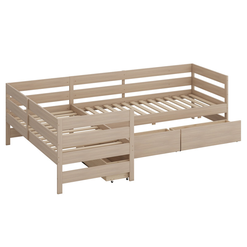 Lit plateforme en L avec trois tiroirs de rangement, Naturel