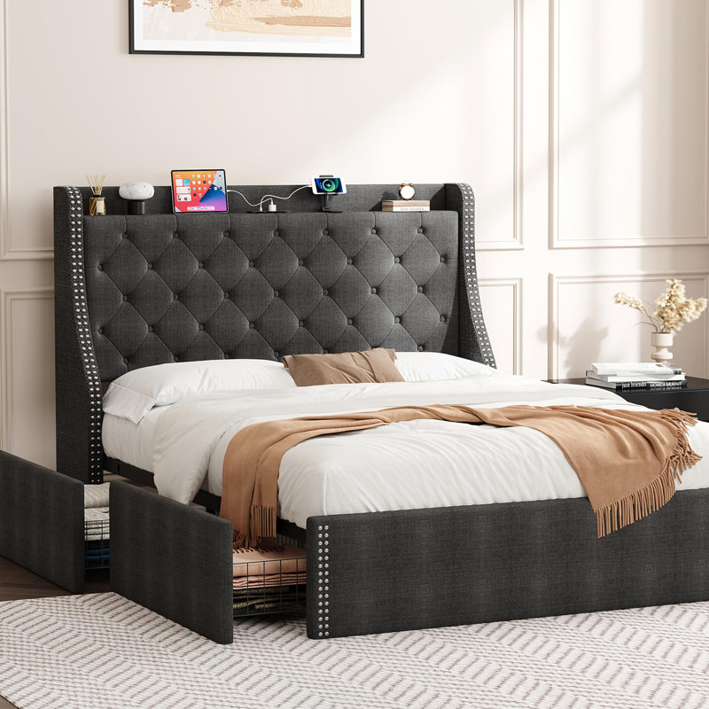 Base de lit tapissier grand lit avec tiroirs de rangement, tête de lit à oreilles et station de charge, gris