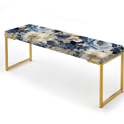 Blue And White Flower Radiance II - Floral Upholstered Gold Bench