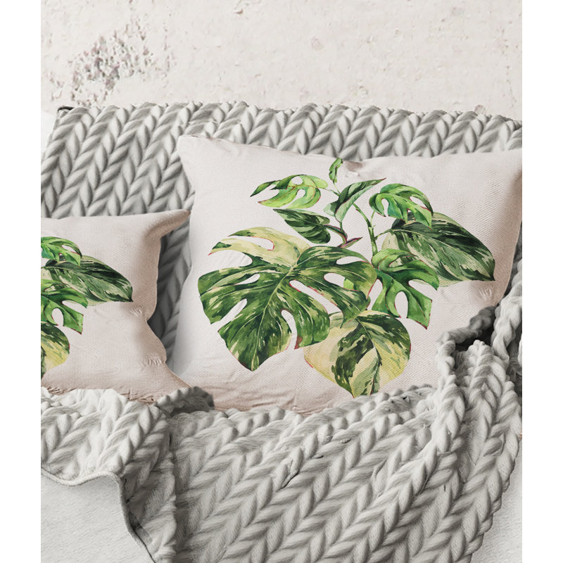 Carré, feuilles vertes tropicales en été I - Coussin décoratif imprimé tropical, 18" x 18"