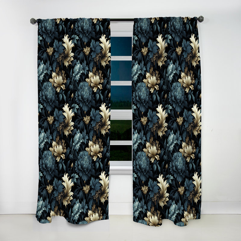 Dark Blue And Golden Gilded Damask Glamour VII - Bohemian Velvet Curtain - Room Darkening - 1 Panel, 52" W x 84" L