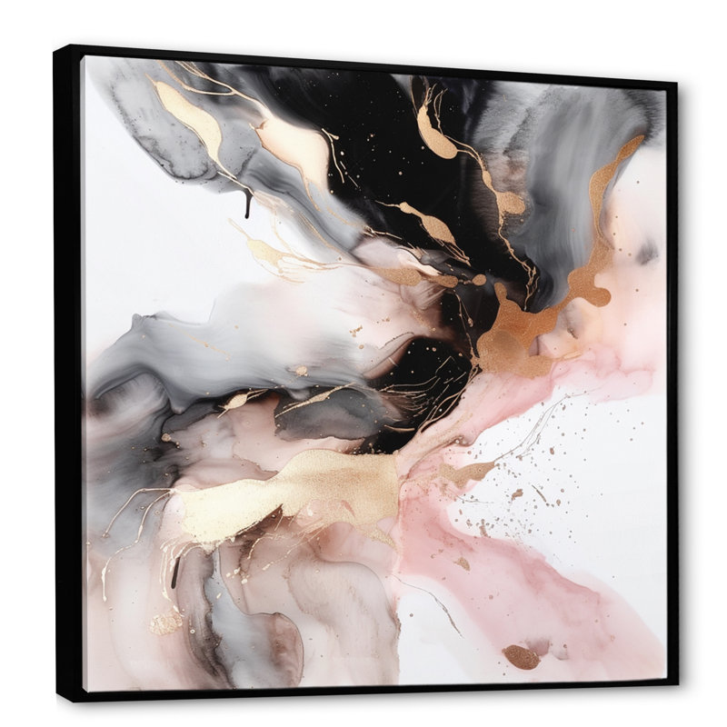 Marbre texturé rose noir I - art abstrait en marbre, H 16 po x l 16 po x P 1 po, Toile avec cadre flottant noir