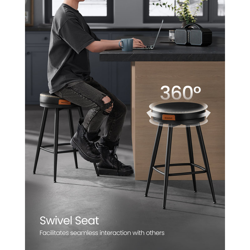 Bar Stools Set of 2, Counter Height Swivel Bar Stools, Synthetic Leather with Stitching, Black