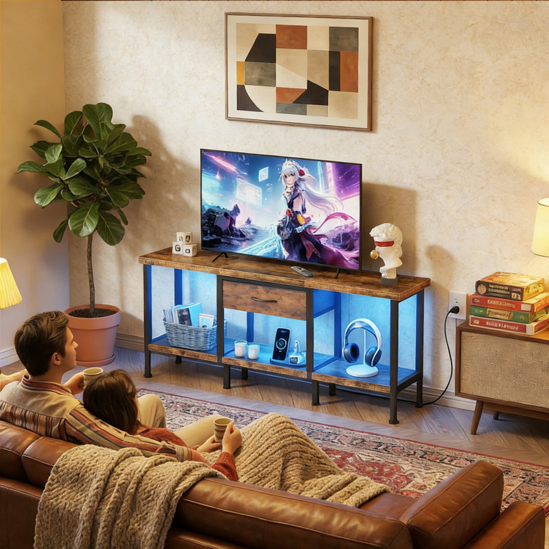 Led Tv Stand With Power Outlet & Fabric Drawers For Tvs Up To 55 Inch Tvs, 21.4" H x 47.3" L x 11.8" W