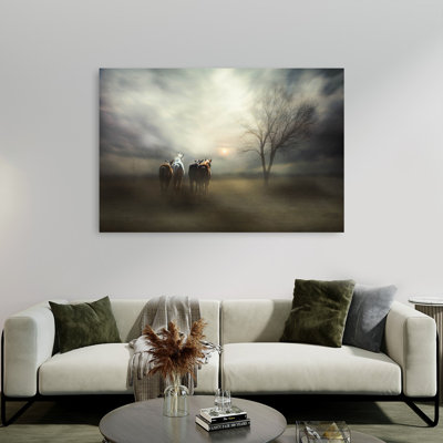 Chevaux sauvages au coucher du soleil - Paysage éthéré et paisible - Affiche murale nature