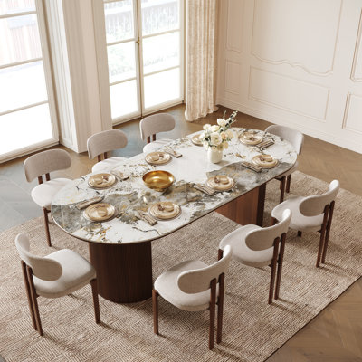  Iris Sintered Stone 78.7'' Solid Wood Pedestal Oval Dining Table Seat 6-8