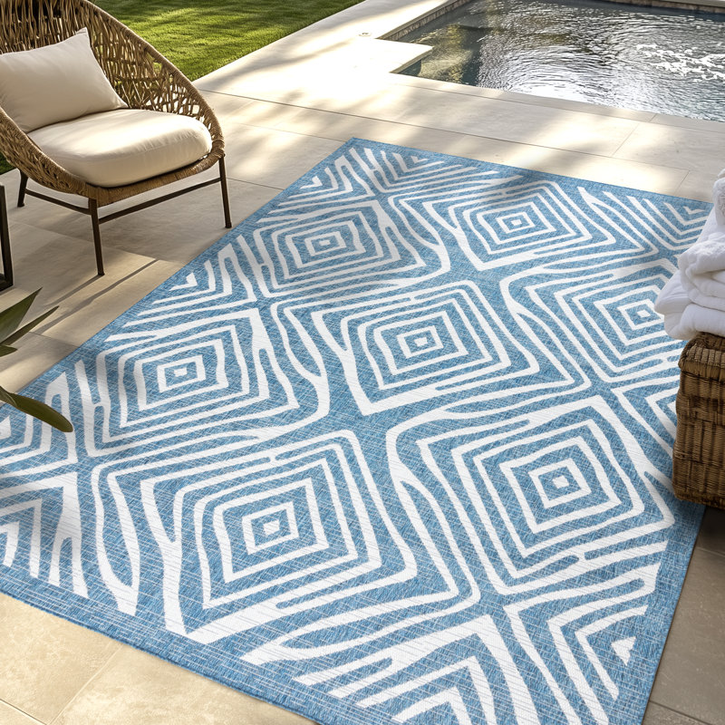 Savara Kaya Navy Blue Ivory Cream Ivory Cream Moroccan Square Tile Indoor/ Outdoor Polypropylene Flatweave Area Rug