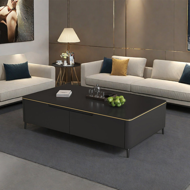 Modern rectangular rock plate coffee table, Black, 16.5" H x 47.2" L x 27.6" W