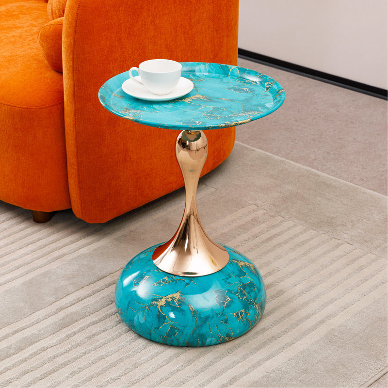 Small Round Side Table For Small Space, Green, Green/Gold
