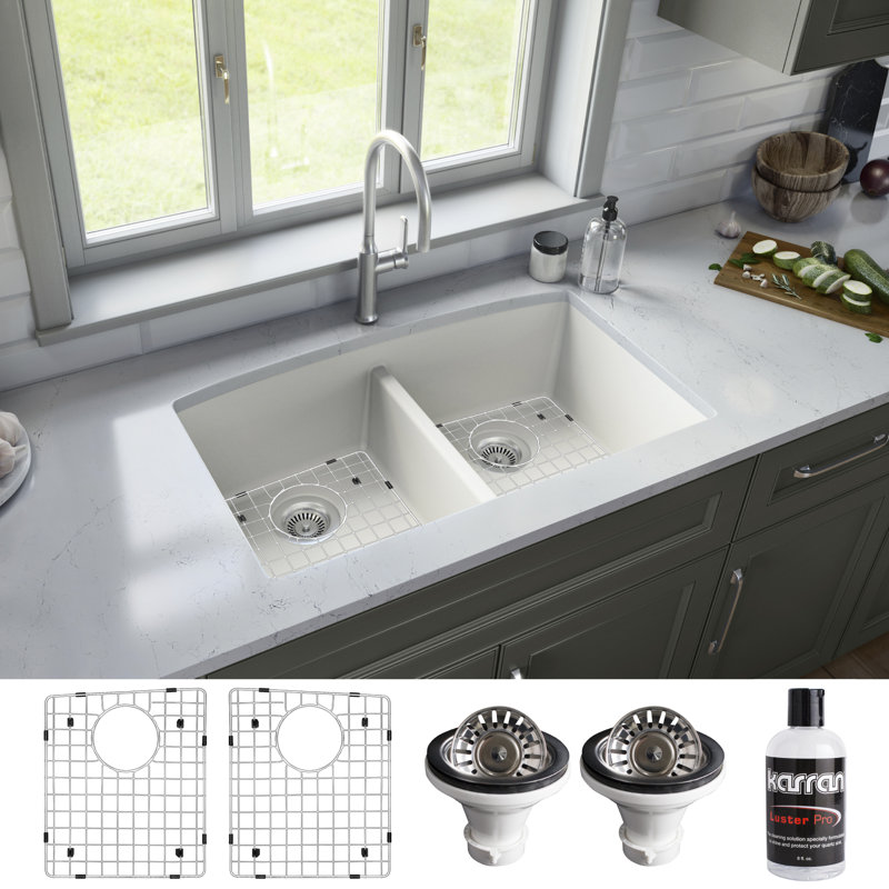 Karran Quartz 32-1/2'' X 19-1/2'' Double Bowl 50/50 Undermount Kitchen Sink Kit, White