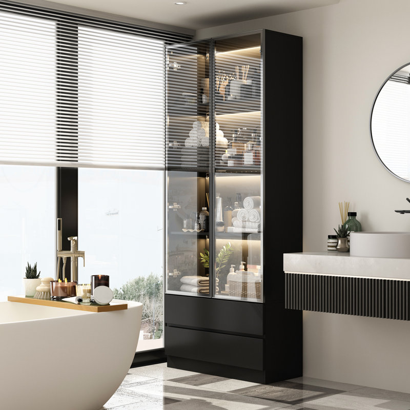 Four Shelves Two Drawers Bathroom Linen Cabinet With Light And Tempered Glass Doors, Matte Black