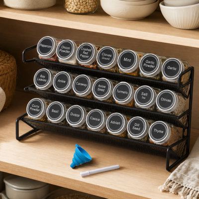 Étagère à épices avec 21 pots à épices, 386 étiquettes d'épices, marqueur à craie et entonnoir pour armoire, comptoir, garde-manger, armoire, porte et fixation murale