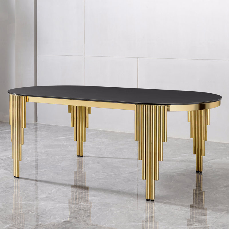 Table de salle à manger ovale en verre noir avec base en acier inoxydable doré, H 29,53 po x l 70,08 po x P 34,65 po