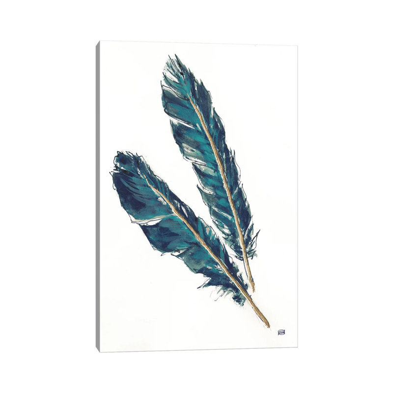 Gold Feathers, Indigo III by Chris Paschke - Wrapped Canvas Painting, 20.32 cm H x 30.48 cm W