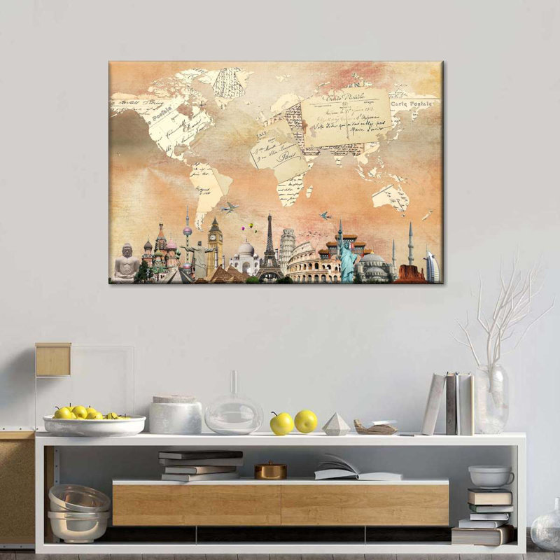 " Postcard World Map Canvas Print " by Vintage Charm Collective, 12" H x 8" W x 1" D