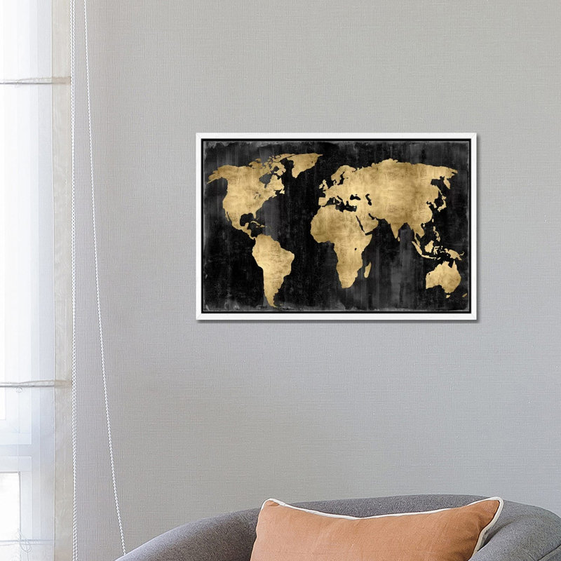 The World - Gold On Black by Russell Brennan - Painting on Canvas, White Floater Framed, 152.5 cm H x 101.5 cm W