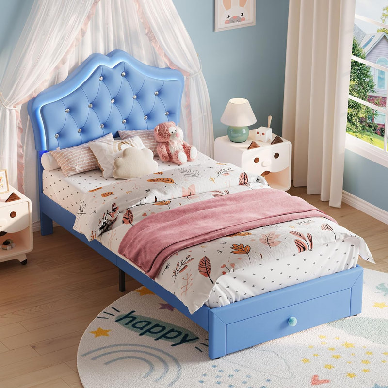 Twin Upholstered Platform Bed Frame with Storage Drawers, Low-Profile Faux Leather Bed with Crystal Accent Headboard, Blue