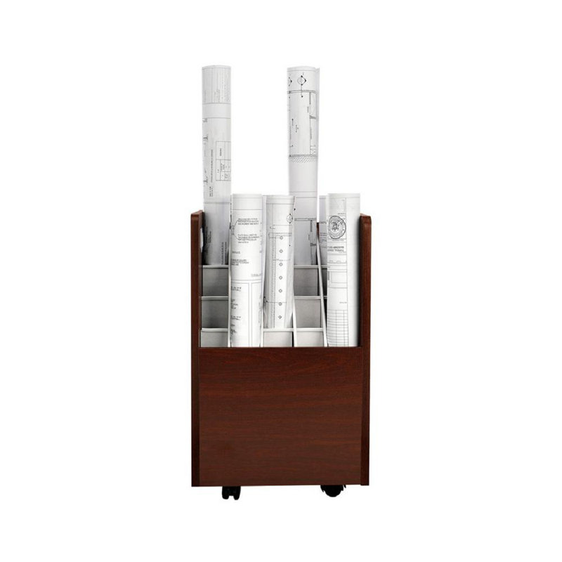 Brown Wood Mobile Rolling Blueprint Organizer with 20 Slots