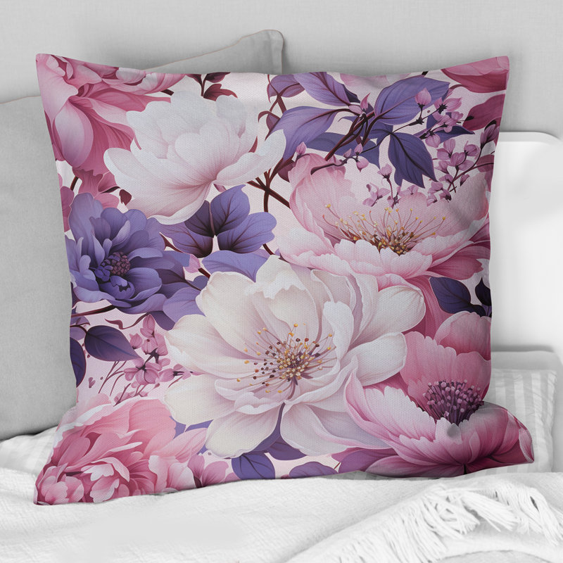 Coussin décoratif imprimé floral printanier fleurs mauves III, H 18 po x l 18 po