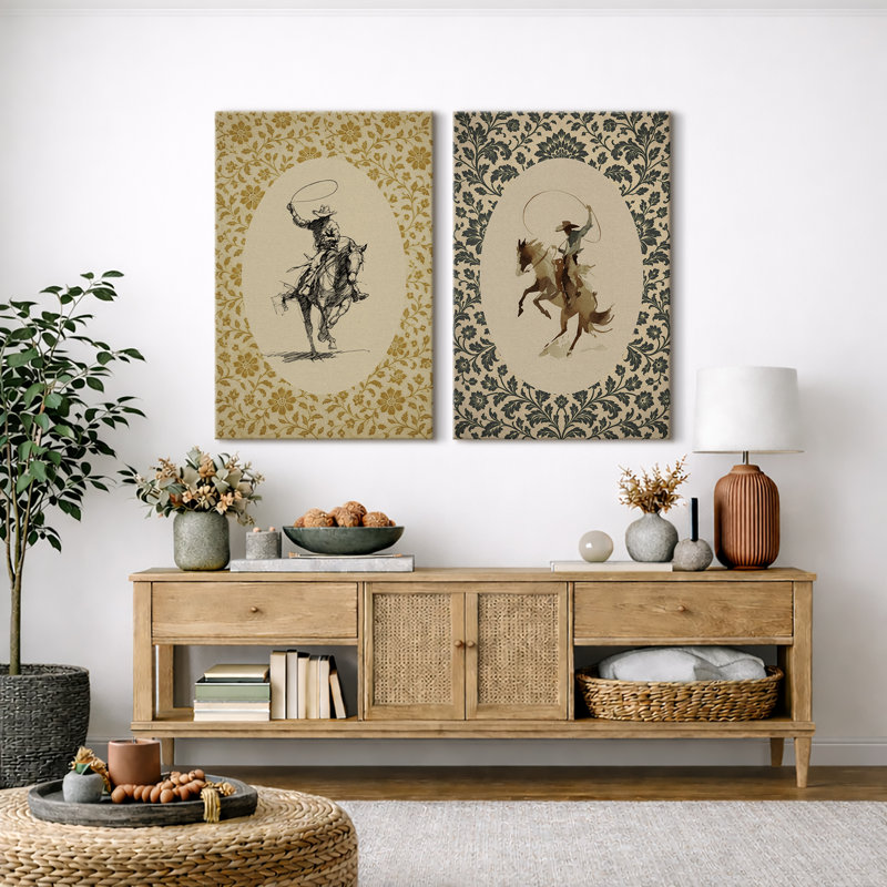 Art cowboy, cowboy de style occidental, impression sur toile encadrée, 2 pièces, H 36 po x l 48 po x P 1,5 po, Wrapped Canvas