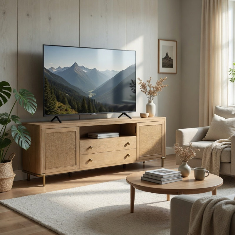 Meuble télé Fij, meuble télé, tiroirs, portes en rotin, bois brun 80 po