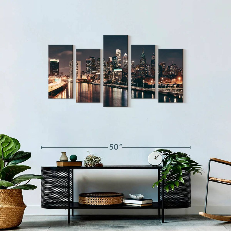 «Philadelphia Night Skyline» sur toile, reproduction de 5 pièces, H 49 po x l 24 po x P 1,25 po