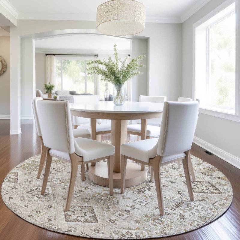 Machine Washable Indoor/Outdoor Xhevrie Linen Rug, Round 8'