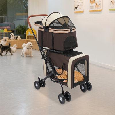 Poussette pour animal de compagnie à deux niveaux avec support réglable, poignée pliable et roues pivotantes à 360 ° (capacité de 77 lb)