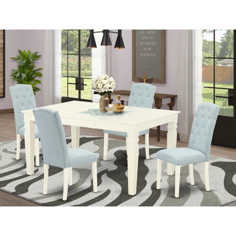 Cet ensemble de salle à manger 5 pièces comprend une table de salle à manger rectangulaire avec feuille papillon et 4 chaises rembourrées en tissu bleu lin, blanc lin