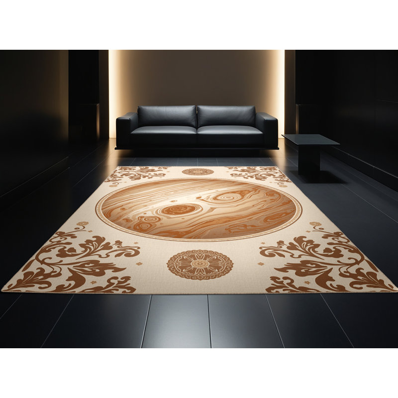 Machine Washable Pavlo Classic Damask Rug in Beige – Beige Binding, 8 x 12