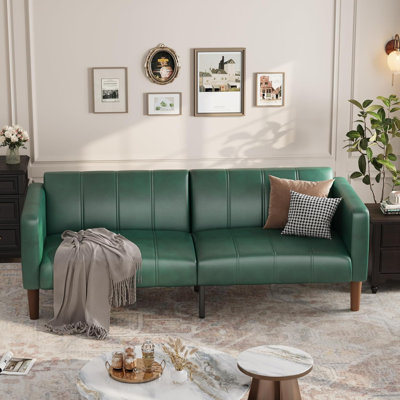 Futon Sofa Bed, 75-Inch Modern Faux Leather Convertible Couch, Mid-Century Loveseat for Small Space, Living Room, Bedroom