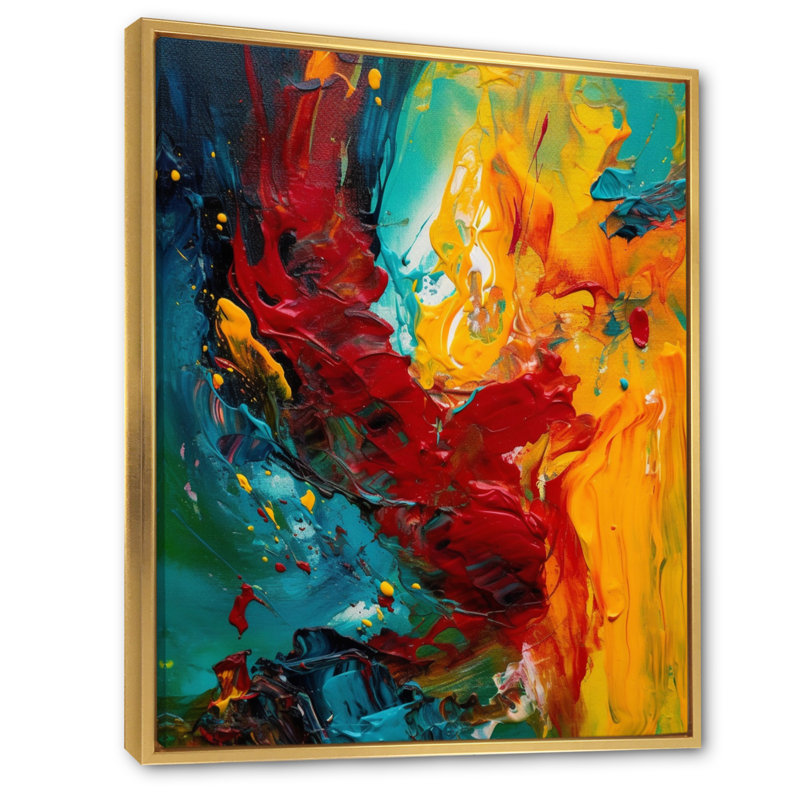 «Yellow of Turquoise Journey of Abstraction IV», reproduction sur toile, H 44 po x l 34 po, Cadre flottant doré