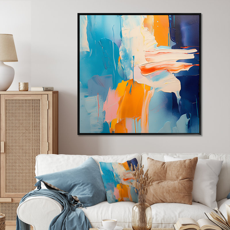 «Blue and Yellow Vivid Abstract Whispers Art», reproduction d'art murale abstraite, Cadre flottant noir