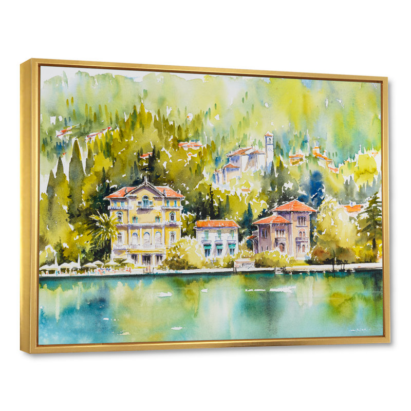 «Beautiful Summer Lake House», reproduction sur toile avec cadre flottant, H 30 po x l 40 po x P 1,5 po, Cadre doré