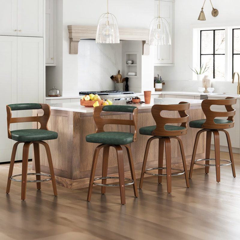 Tabouret de bar pivotant rembourré avec structure en bois, pieds en bois d'hévéa, Vert / noyer