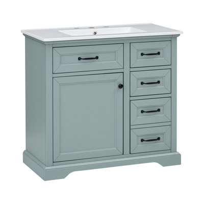 Lavabo de salle de bain 36 po en céramique grise, 4 rangements, porte silencieuse avec armoire en céramique, doux