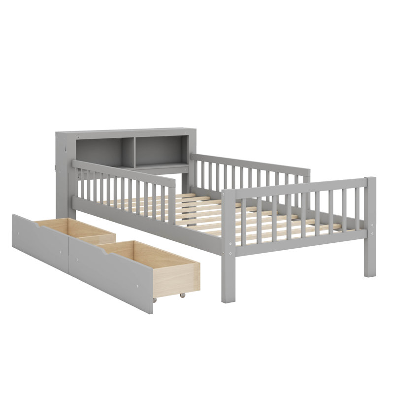 Lit simple avec rangement intégré pour la tête de lit et deux tiroirs sous le lit, Gris
