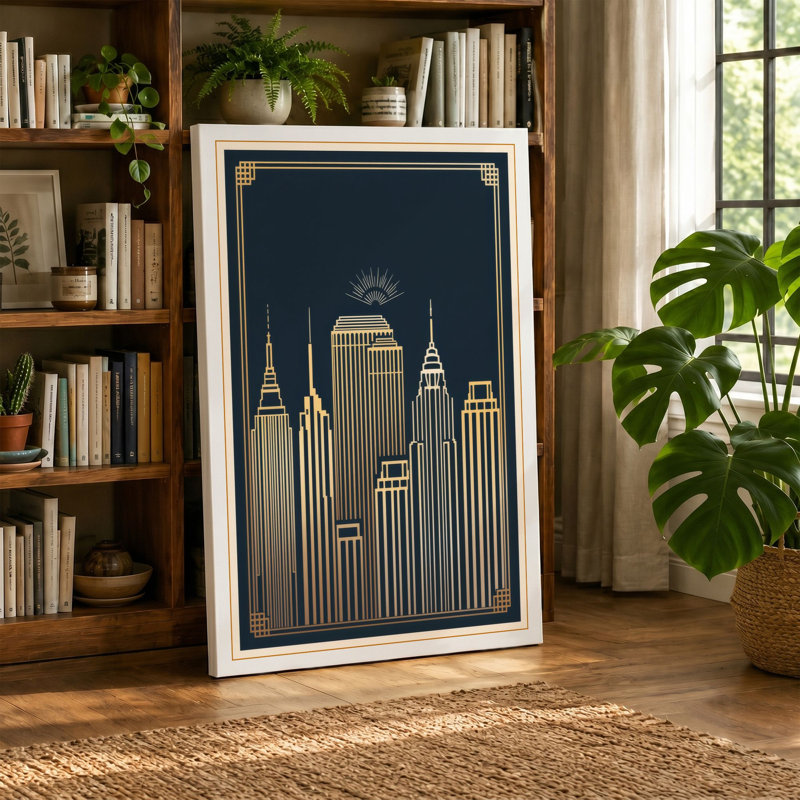New York Skyline Art Deco - Wrapped Canvas, 36x24 - 91.4 x 61.0 cm, Cream Border