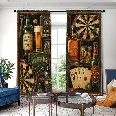 2Pcs Vintage Bar Decor Light Filtering Curtains, Whiskey Dart Card Retro Bar Man Cave Printed Window Drapes, Rod pocket Style, Suitable for Living Room, Bedroom, Guest Room, Farmhouse Home, Aesthetic Home Decoration
