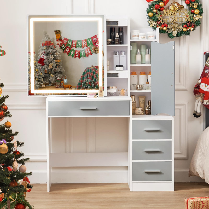 Bureau de coiffeuse Diashekia avec miroir coulissant éclairé à DEL, 4 tiroirs, 3 modes d'éclairage, Blanc / gris