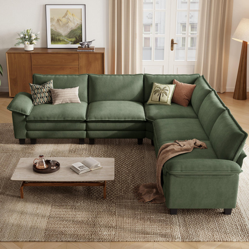 Colbey 119" Upholstered L-shape Modular Cloud Corner Sectional, Green Corduroy
