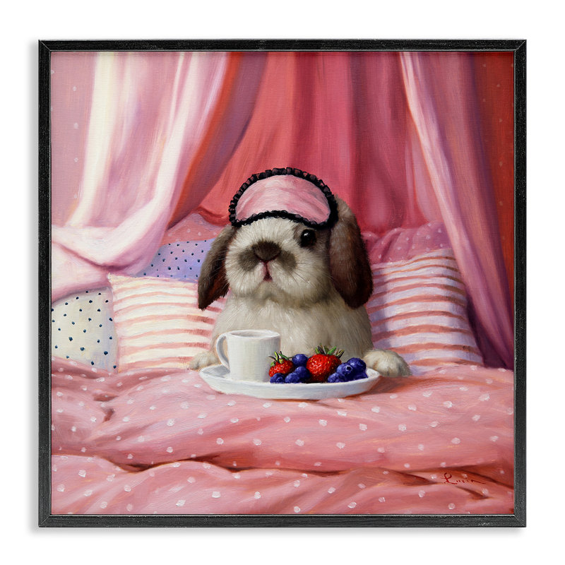 «Adorable House Bunny Rabbit déjeuner au lit rose» par Lucia Heffernan - impression, H 17 po x l 17 po