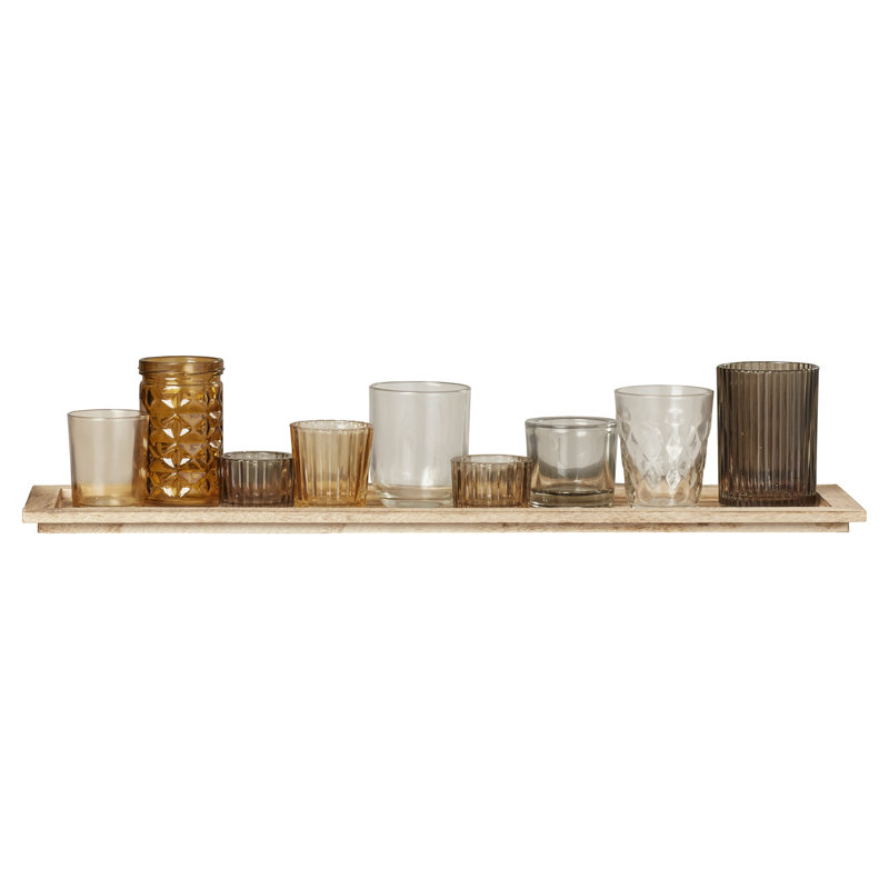 Porte-votives Devers sur plateau en bois, lot de 9, Brun/brun clair