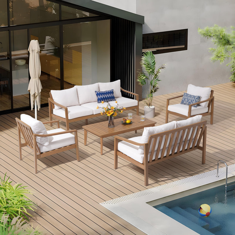 7 - Person Outdoor Seating Group With Cushions, Cream