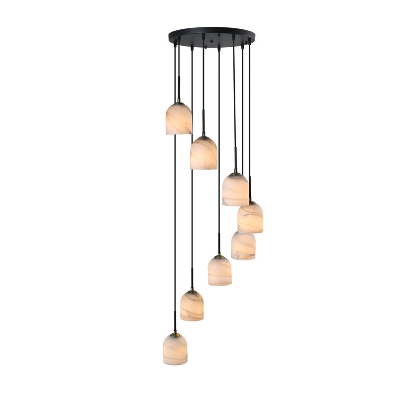 Grandy - 8-Light Chandelier 18.5" - Black with Brushed Brass Accent - Alabaster Style Swearl Glass Shade