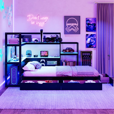 Structure de lit, lit de jour avec bureau intégré et lumière DEL, structure de lit en bois avec 3 tiroirs de rangement et station de charge intégrée pour la chambre à coucher, la chambre d'amis