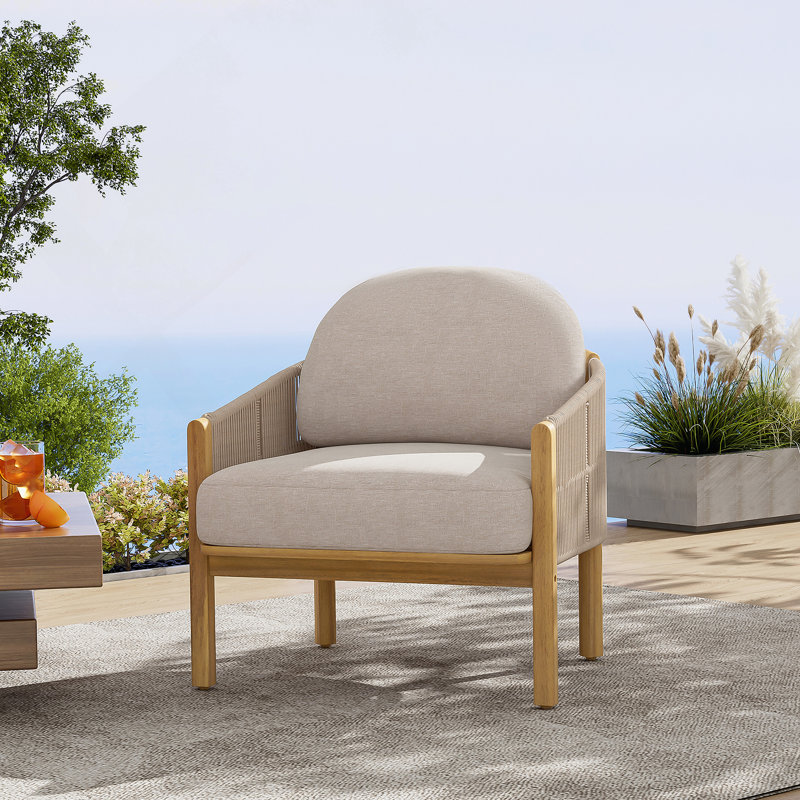 Fauteuil club d'extérieur en bois, corde gris foncé avec coussin gris, 1, Coussin gris / cadre gris-teck foncé